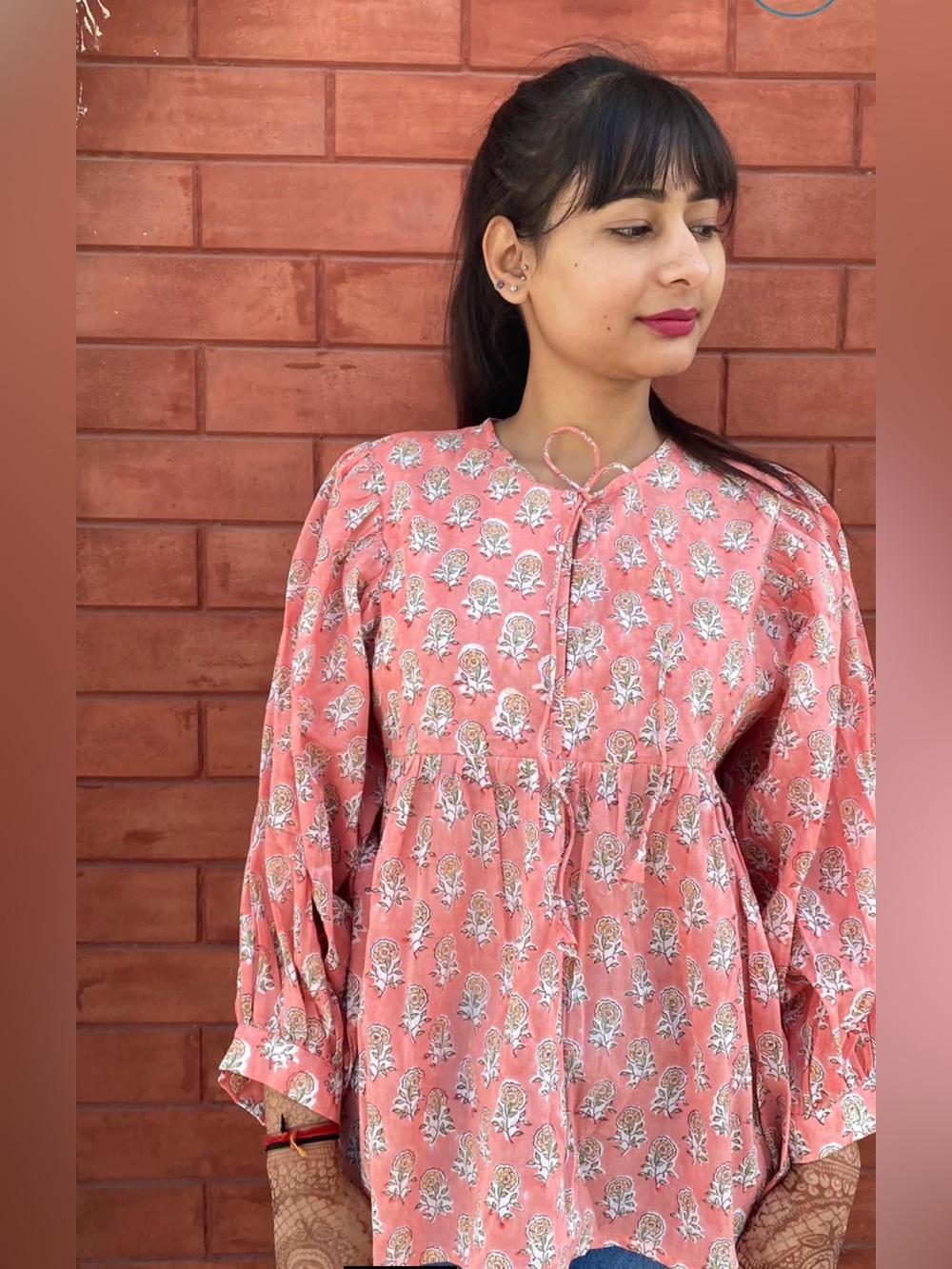 New Cotton Boho Artisan Block Print Blouse Large Pink Floral